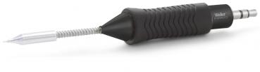 In the image, a soldering iron is visible. It has a black, rubberized handle with grooves for better grip. The tip is made of metal and slightly shaped to allow for precise work.