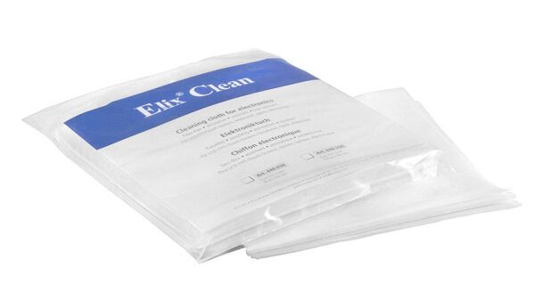 Preview: Das Bild zeigt eine transparente Verpackung mit Reinigungstüchern. Oben ist ein blauer Streifen mit der Aufschrift ?Elix Clean?. Die Verpackung enthält mehrere Tücher zur Desinfektion.