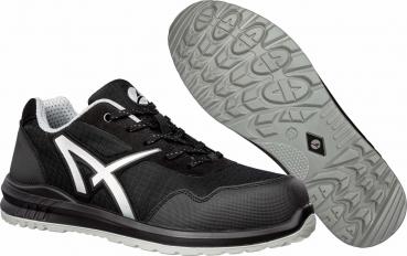 The image displays black safety shoes with gray details. They feature a modern design and a non-slip sole. The laces are easily adjustable, and the fabric appears durable.