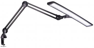 The image shows a black, adjustable desk lamp with a long, rectangular light source. The arm of the lamp is movable and jointed in the middle. It is attached with a clamp.