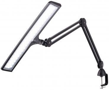 The image shows a black LED work light with a long, rectangular lampshade. It has a flexible arm and a clamp for attaching to tables.