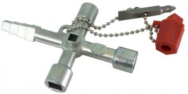 The image shows a silver cross tool with four hexagonal openings and a small screwdriver. A red plastic handle is attached to a chain. It appears functional and sturdy.