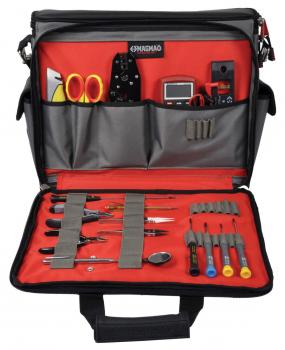 The image displays an open tool bag with red lining. Inside the bag, various tools such as pliers, screwdrivers, scissors, and a multimeter are neatly arranged.