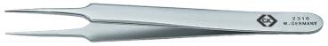 The image shows a shiny, metallic tweezer with two pointed ends. It has a slender shape and features an embossment with the inscription "CK" and "W-GERY".