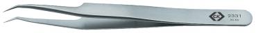 The image shows a straight, metallic tweezer. It has a narrow shape with two pointed ends that can be easily squeezed together. On one side, a logo is embossed.