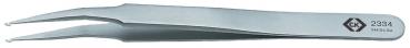 The image shows a straight, metallic tweezer. It has two pointed ends that slightly bend, and a flat handle. On the side, a number and a logo are embossed.