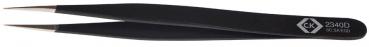 The image shows a narrow, black tweezer. It has sharp, metallic tips suitable for picking up small objects. A small embossing is visible on the handle.