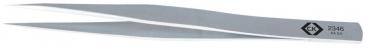 The image shows a narrow, metallic tweezer. It has a shiny surface, is long and pointed at the end. On the side, a number and a logo are embossed.