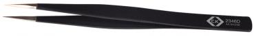 The image shows a black tweezer with narrow, pointed tips. The surface is smooth and has a matte texture. On one side, a brand logo is engraved.