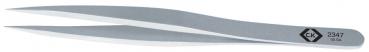 The image shows a straight, slender metal tweezer. It has two pointed ends that can open and close. The surface is silvery and smooth.