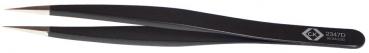 The image shows a narrow, black tweezer with a graphite-coated surface. The tips are slightly beveled and metallic shiny, ideal for grasping fine objects.