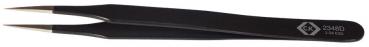 The image shows a black tweezer with narrow, pointed tips. It has an ergonomic shape to enable precise gripping. There is a marking visible on the side.