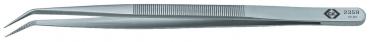 The image shows a long, pointed pair of metal tweezers. It has a smooth surface and a serrated grip area for better hold. The tips are slightly curved upwards.