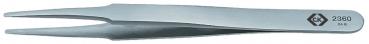 The image shows a silver stainless steel tweezer. It has thin, pointed tips and a flat, wide surface. The tweezer is slightly curved and features an engraved number.