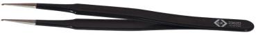 The image shows a black tweezer with fine, pointed tips. It has a smooth surface and is slightly curved to enable precise gripping. A logo is engraved on the side.