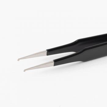 The image shows a black tweezer with long, narrow tips. The upper parts are made of metal, while the handle is made of black plastic and is slightly curved.