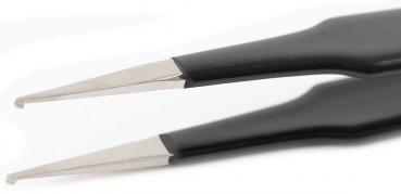 The image shows a sharp tweezer with two long, narrow metal prongs that are slightly bent at the ends. The handle is black and smooth.
