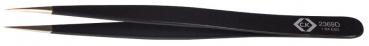 The image shows a black tweezer with narrow tips. It has a smooth surface and is slightly curved to enable precise gripping.