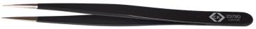 The image shows a black tweezer with narrow, pointed tips. It is slightly curved and has a smooth surface. On one side, there is a serial number.