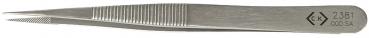 The image shows a narrow, metallic tweezer with two pointed ends and a ridged grip for better hold. The surface is shiny and reflects light.