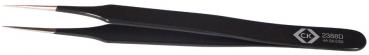The image shows a black tweezer with long, narrow tips. It has a matte finish and a slightly ridged handle. The tips are sharp and slightly angled.