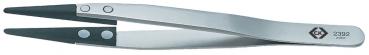The image shows a stainless steel tweezer with long, narrow, pointed tips. The tweezer has a matte and smooth surface, with the handles coated in black plastic.