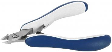The image shows a pair of pliers with blue and white handles. The pliers have a movable, metallic tip for cutting. They are open and lying on a flat surface.