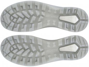 The image displays the sole of a shoe from above. It is predominantly light and transparent with a textured pattern that provides better grip. In the center, there is a distinctive feature in the shape of a small, light rectangle.