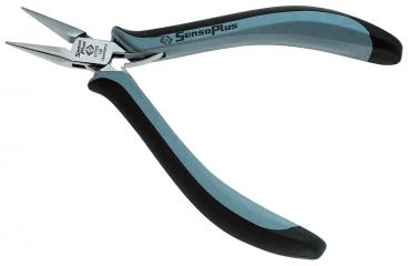 Das Bild zeigt eine spitze Zange mit silbernem Metallkopf und ergonomischen, blaue gummierten Griffen. Die Griffe sind teils schwarz und teils blau, was einen angenehmen Halt bietet.