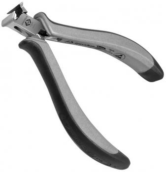 Das Bild zeigt eine hochwertige Zange mit kurzen, spitzen Klingen. Der Griff ist ergonomisch geformt und hat eine Gummierung für besseren Halt. Die Oberfläche ist glänzend und metallisch.