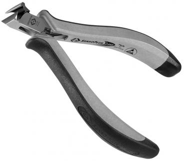 The image shows a nail scissor with silver, metallic blades and non-slip, black handles. It is ergonomically designed and intended for precise cutting.
