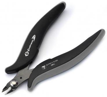 The image shows a pair of pliers with ergonomic, black and gray handles. The cutting surfaces are narrow and pointed, ideal for cutting fine materials. The pliers are lightweight and easy to handle.