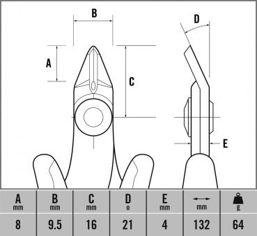 The image displays technical drawings of a tool with various dimensions. The dimensions are A, B, C, D, and E in millimeters, with a total weight of 64 grams.