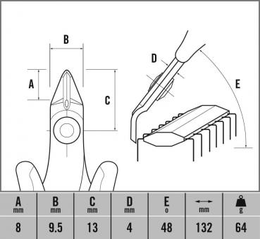 Das Bild zeigt technische Zeichnungen eines Werkzeugs mit Maßangaben. Oben ist die Werkzeugspitze und daneben eine Hand, die es hält. Unten sind Dimensionen in Millimetern angegeben.