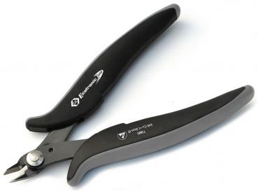 The image shows a combination pliers with black and gray, non-slip grips. The pliers have a sharp cutting edge and a joint in the middle to allow the opening movement.
