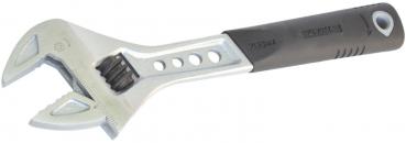 The image shows an adjustable wrench. It has a silver head with two jaws and a black, rubberized handle for better grip.