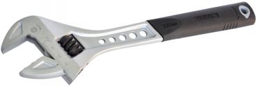 The image shows an adjustable wrench. It has a metallic head with a toothed opening and a gray, rubberized grip area for better hold.