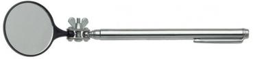 The image shows a long, silver handle with a round mirror at one end. The handle has a mount that allows the mirror to be rotated to achieve different viewing angles.