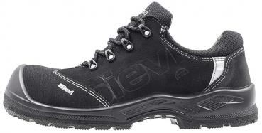 The image shows a black safety boot with a sturdy sole. The boot has a high shape, laces, and is made from durable material.
