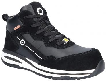 Der Schuh ist ein schwarzer, schnürbarer Halbschuh mit einer gepolsterten Spitze und einem robusten Materialmix aus Leder und Textil. Die Sohle ist dick und bietet guten Halt.