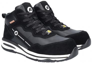 Das Bild zeigt ein Paar schwarze, schnürbare Schuhe. Sie haben eine hohe Form, dicke Sohle und sind mit einem Materialmix aus Leder und Wildleder versehen. An der Seite sind reflektierende Streifen.