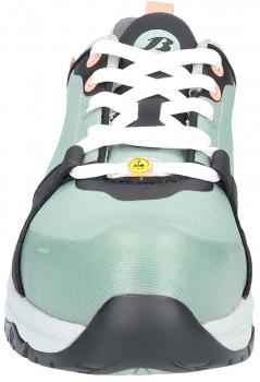 The shoe is sportily designed, with a mint green surface and black details. It has white laces, a padded sole, and a striking logo on the tongue.