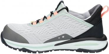Der Schuh ist ein sportlicher Sneaker in Grau und Mintgrün, mit einer leichten, atmungsaktiven Oberfläche. Er hat eine stabile Sohle und farbige Schnürsenkel für zusätzlichen Halt.