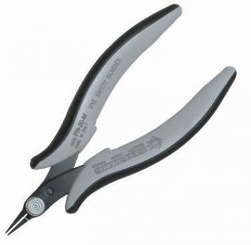 Das Bild zeigt eine Zange mit langen, schmalen Kopfpartien. Die Griffe sind ergonomisch geformt, schwarz und grau, und bieten einen sicheren Halt. Ideal für präzise Arbeiten.