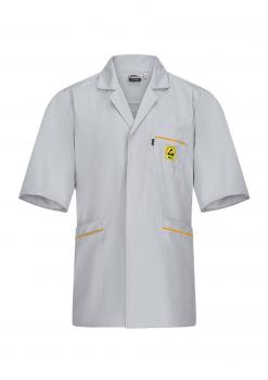 The image shows a gray coat with short sleeves. It features a collar, two side pockets, and a chest pocket. Yellow details are added to the pockets and the logo.
