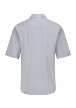 The image shows a short, grey shirt with a classic cut collar. The back is plain, without any patterns or embellishments. The sleeves are short.