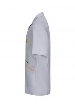 The image shows a gray short-sleeved shirt. It features a classic cut, a collar, and a chest pocket. An orange seam runs along the pockets. The material appears light and functional.