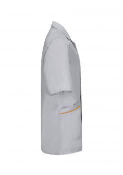 The image shows a gray, short-sleeved shirt with a classic cut. It has a small collar and a pocket decorated with an orange stripe.