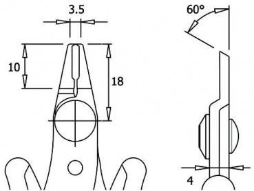 Das Bild zeigt technische Zeichnungen eines Teils. Links ist die Vorderansicht, rechts die Seitenansicht. Maße sind angegeben: Breite 3,5 mm, Höhe 18 mm, und ein 60°-Winkel.