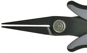 The image shows a pair of pliers with narrow, pointed grippers. The pliers have a black and gray handle, and there is a screw in the middle. They appear sturdy and precise.